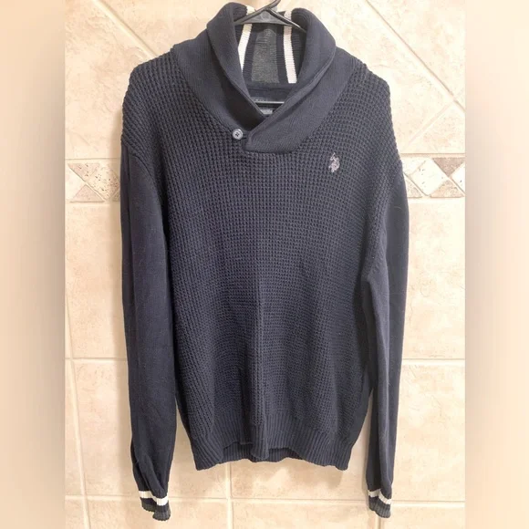 ⛄️PRICE DROP U.S. Polo Assn. Men's Reverse Jersey Shawl Collar Sweater SZ L - Picture 3 of 8
